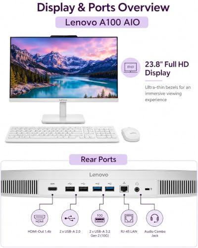 Image of Lenovo All in One Desktop, Intel Ultra-Fast 4-Core CPU| 24'' FHD Display| 8GB RAM, 256GB PCIe SSD On Board Plus 512GB HDD External | Wi-Fi 6| Bluetooth| RJ-45| Windows 11 | HDMI | Wireless KB & Mouse