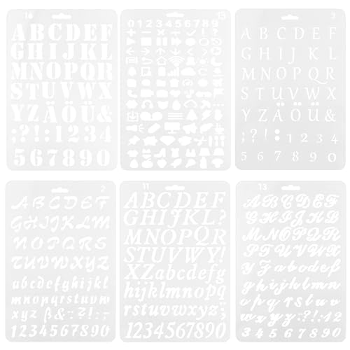 6 Piezas Plantillas Lettering, Plantillas de Alfabeto y Número Reutilizables, con Letras Mayúsculas y Minúsculas, Números y Símbolos, para Grafiti Alfabético