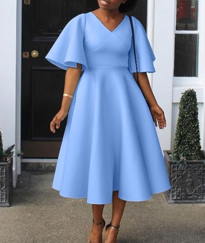 Image of SOMTHRON Women's Wrap V-Neck Ruffle Short Sleeve Midi Dress Elegant A Line Flowy Flared Cocktail Church Dress