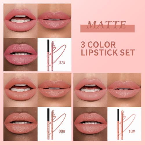 Image of 12 Colors Matte Lip Liner Pencil - Long Lasting Waterproof Lip Liner, Smudge Proof Transfer Proof Lip Pencil, High Pigment Lip Makeup for Defining & Filling Lips (A4-set:07+09+10, 3PCS)