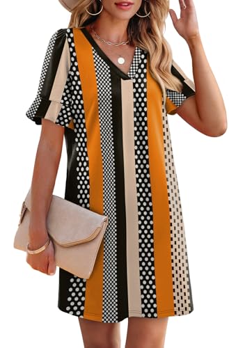 Image of OFEEFAN Summer Dresses for Women Ruffle Short Sleeve V Neck Casual Shift Dress with Pockets
