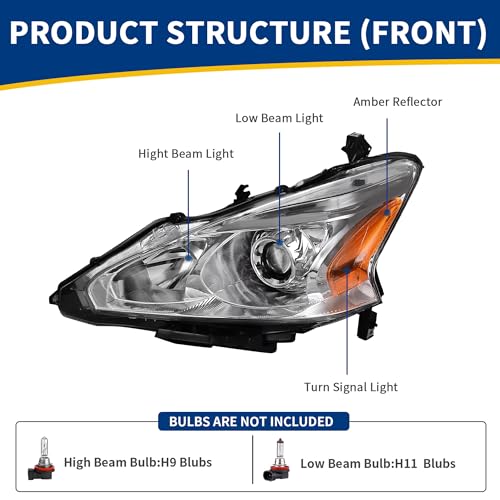 AUTOSAVER88 Headlight Assembly Compatible with 2013 2014 2015 Altima 4-Door Sedan 13 14 15 Altima Base/S/SL/SV Projector Headlamp Direct Replacement Chrome Housing Amber Reflector Left + Right