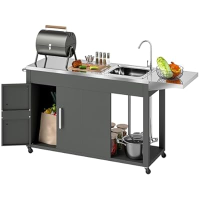 Outsunny Outdoor Grill Table with Stainless Steel Sink and Drainage, Grill Cart with Foldable Side Table and Cabinet, Outdoor Kitchen Island with Wheels, Dark Gray