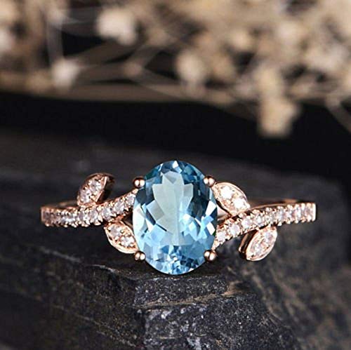 Xiaomei Fashion Women 14K Solid Rose Gold Aquamarine Ring Wedding Party Women's Jewelry Size 6-10 (Size 7) #TOP2