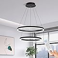 XGZL · LIGHTING 2-Rings Modern LED Chandelier Black for Dining Room, Dimmable Pendant Lighting with Remote Control Circular Flush Mount High Ceiling Light for Bedroom Living Room Foyer, 3000K-6500K