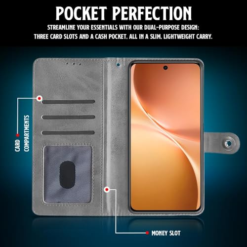 Image of WOW IMAGINE Shock Proof Flip Cover Back Case for Vivo V60 5G | V60e 5G | Vivo T4 Pro 5G (Magnetic Button Flip Case | Wallet Pockets & Stand | Leather Finish | Stone Grey)