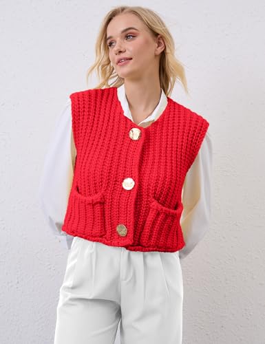 Image of Women Crochet Knit Sweater Vest Button Up Cropped Casual Sleeveless Vest Fashion Vintage Cardigan with Pocket Red