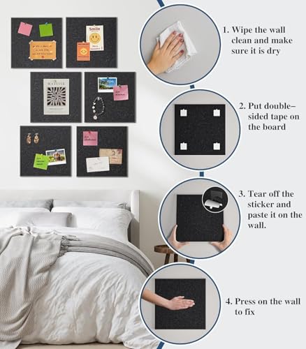 Image of BOGOTA 4 Pcs Black Felt Bulletin Board Self-Adhesive Wall Boards with 30pcs Drawing Pins Notice Board for Home Vision Board for Manifestation Pin Board for Study Room Bulletin Board Office Accessories