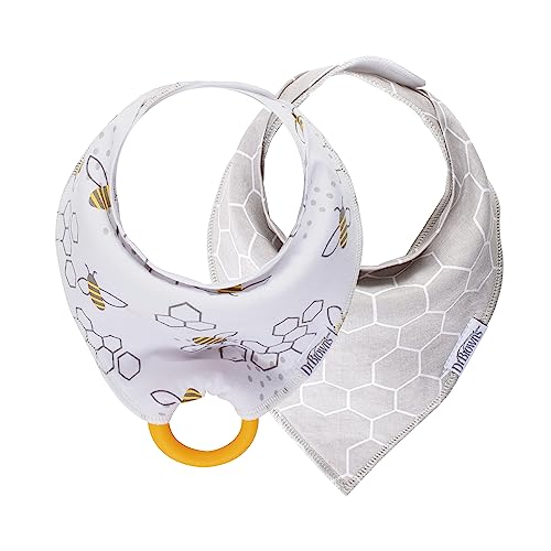 Image of Dr. Brown's Super Soft & Absorbent Baby Bandana Bib with Snap-On Teether, 3m+, 2-Pack, Bees/Grey Honeycomb