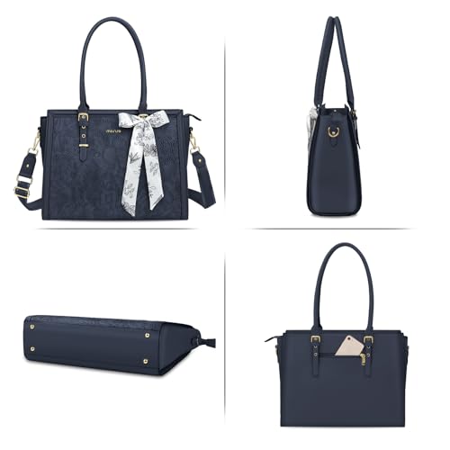 Image of MOSISO Laptop Bag for Women, PU Leather Tote Bag, Front Embossed Retro Hibiscus Computer Bags with Silk Scarf&Clutch Purse
