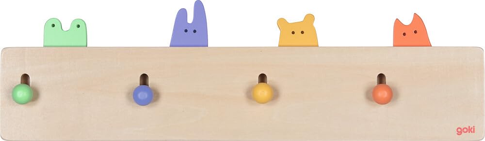 goki 60834 - Garderobe Kuckulino, Kinder-Garderobe mit 4 Kleiderhaken und niedlichen Pop-Up Tiermotiven, aus Holz - Kinder-Garderobenleiste mit Funktion