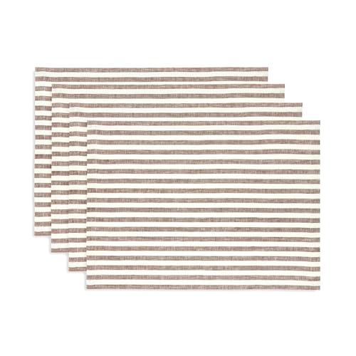 Image of Solino Home 100% Pure Linen Placemats, 14 x 19 in, Brown Striped, Set of 4