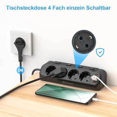 Tischsteckdose mit USB,8 in 1 Steckdosenverteiler Flachstecker mit 3M Kabel für Smartphones,4-Fach Schaltbar, 2 USB-C, 2 USB-A,Steckdosenleiste Schreibtisch einzeln Schaltbar, Schwarz 5