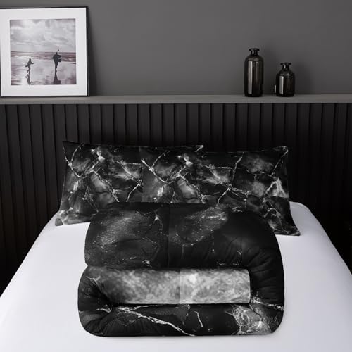Image of Nttopship Black and White Comforter Set Full Size,Black and White Marble Bedding Set 3 Pcs Bedding for Adults, Marble Room Decor with Comforter and 2 Pillowcases Soft and Lightweight