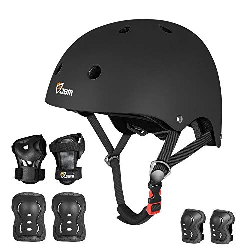 JBM - Juego de engranajes de protección para monopatín (tallas S) para patinaje, ciclismo, patinaje, rodilleras, coderas, muñequeras y casco de patinaje, resistencia al impacto (negro, S-Kids)