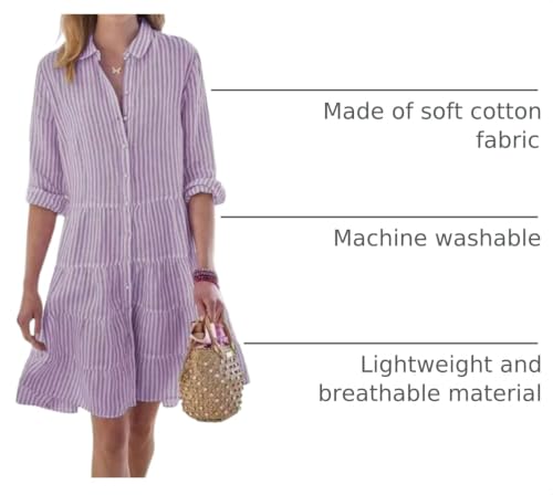 Image of utcoco Womens Striped Button Down Midi Shirt Dress Casual Loose Cuffed Long Sleeve Mid Long Dresses