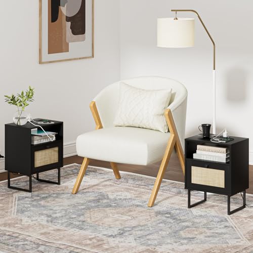 Image of Masupu Rattan Nightstand with Charging Station,Modern Boho Farmhouse Wood Bedside Table with Storage Drawer and Open Shelf,Small Black Frame Side End Table for Bedroom,Living Room,Office (Black)