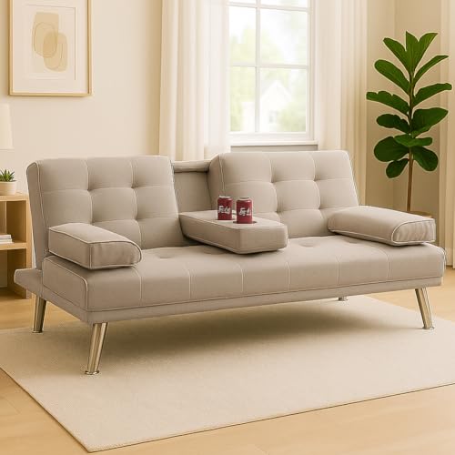 Shally Dogan Divano Letto Apertura Click Clack con Rivestimento in Tessuto, Divanoletto 2 in 1 Sistema Clic Clac, Struttura Legno e Gambe Metallo Cromato, Design Moderno per Soggiorno (Beige)