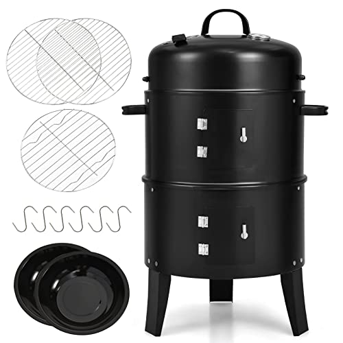 Dortala 3 In 1 Round Charcoal Smoker, 16’’ Portable Bbq Vertical Smoker W/Thermometer, Hangers,Charcoal Smoker For Grilling, Camping, Black #TOP25