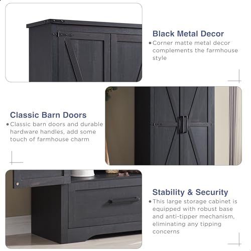 Farmhouse Kitchen Pantry Cabinet - 72" Tall Large Wood Kitchen Storage Cabinets with Adjustable Shelves & 2 Barn Doors & Drawer, Versatile Storage for Dining Room, Bathroom, Living Room, Antique Black | Large, Adjustable Shelves, 2 Barn Doors, Drawer, Versatile Storage - Image 6