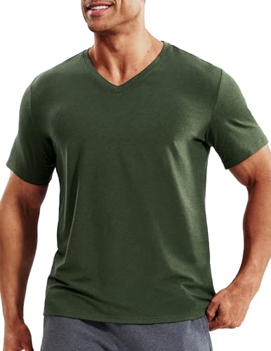 MIER V Neck T-Shirt for Men Dry Fit Short Sleeve Tee Shirts for Men Workout Gym Athletic Casual Top Soft Heather Dark Green L