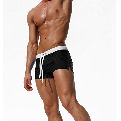Men Drawstring Nylon Swim Trunks Summer Beach Swimwear Shorts with Back Zipper Pocket2