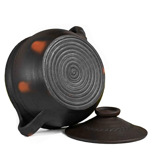 High Wind Flamed Dark Primitive Cooking Pot with Handles - Hand Etched - Made from Fire Clay: Compact Design for Stove Top and Open Fire