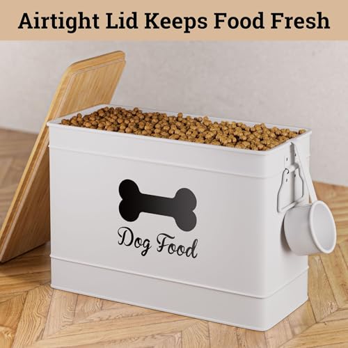 Dog Food Container Airtight 15 lb (50 Cup) Capacity with Metal Scoop - Cute Airtight Dog Food Storage Container with Bamboo Lid - White Metal Kibble Storage Bin for Dogs up to 100 lbs - Big Pet Jar - Image 5