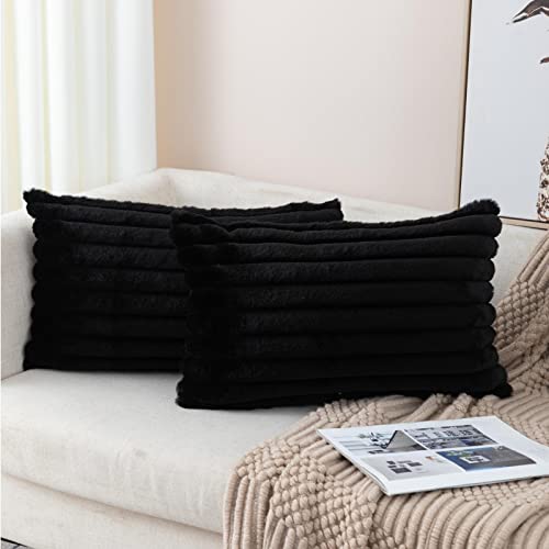 Zlina Set Of 2 Faux Fur Plush Black Throw Pillow Covers Fuzzy Striped Pillowcase Cushion Covers 12 X 20 Inch Decor Sofa Couch Bedroom #TOP1