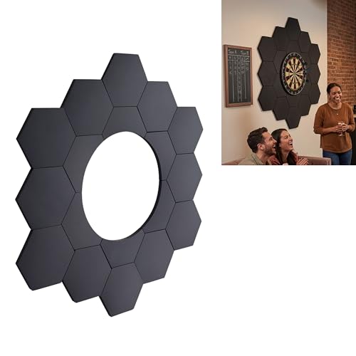 Self-Adhesive Dart Board Wall Protector 18 PCS Hexagonal Dartboard Surround Ring 41x38in DIY Puzzle Backboard High-Density EVA Foam Wall Shield for Clubs Bars & Home Game Room (Black)