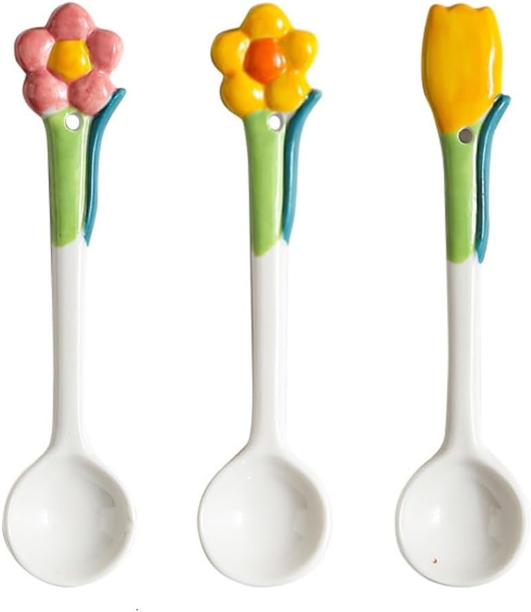 Spoons, Spoons 3-pack Creative Flower Spoon Home Simple Ceramic Dessert Spoon Long Handle Soup Spoon Coffee Spoon