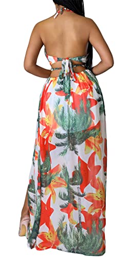 Image of Qikaka Women's Sleeveless Deep V Neck Floral Printed Metal Chain Bodycon Sexy Nightclub Party Boho Dress