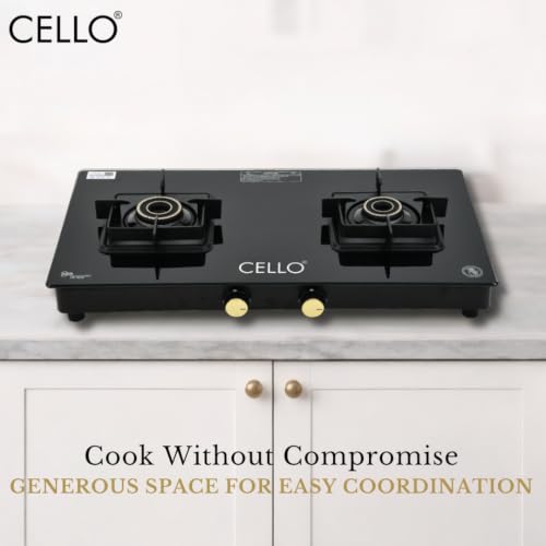 Image of Cello PEARL PLUS GT 2 Burner Gas Stove | Flower Design Brass Burners, 6mm Toughened Glass, Heavy-Duty Brass Valves, Flame Guard Pan Supports