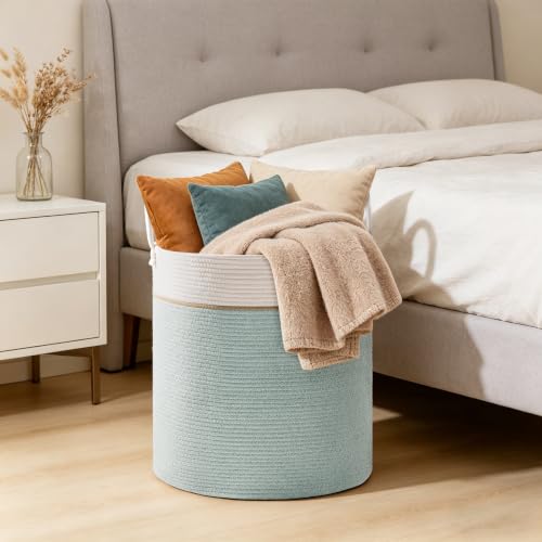 Image of 58L Tall Cotton Rope Laundry Basket with Handles, Sage Green