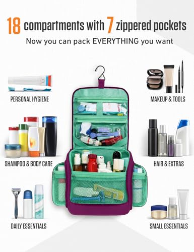 Image of VENTURE 4TH Hanging Travel Toiletry Bag, 18 Compartments - Purple /Mint | Hangs on rails, hooks or doors; stands upright. Removable TSA pouch. Water-resistant Nylon 290D Twill, reinforced stitching.