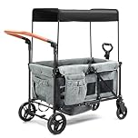 Bonnlo Folding Stroller Wagon for Kids, 2-Seater Handcart Wagon with Removable Canopy, 5-Point Harness and All-Terrain Wheels, Outdoor Camping Cargo Cart (Grey)