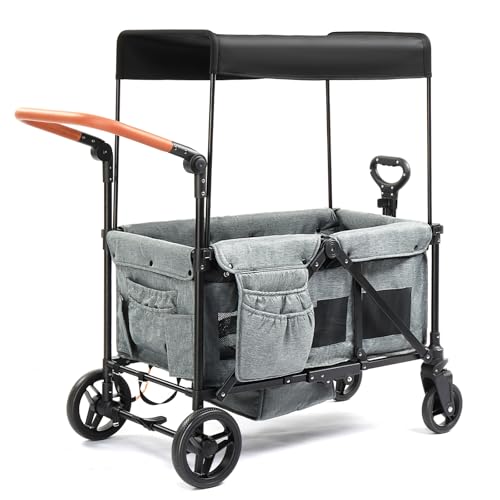 Bonnlo Folding Stroller Wagon for Kids, 2-Seater Handcart Wagon with Removable Canopy, 5-Point Harness and All-Terrain Wheels, Outdoor Camping Cargo Cart (Grey)