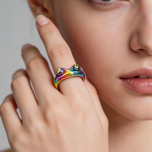 Image of PAMTIER Unisex Vintage Personalized Cute Big Eyes Frog Finger Ring | Stainless Steel, Lifelike Animal, Beneficial Insects
