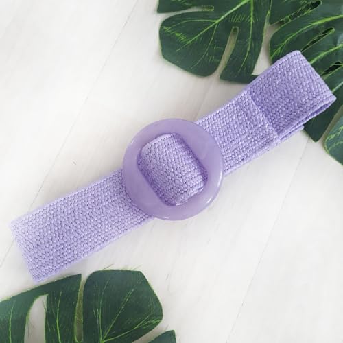 Women PP Straw Braided Elastic Belt Solid Color with Round Buckle3