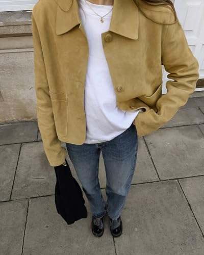 chouyatou Women's Faux Suede Cropped Jacket Casual Button Down Faux Suede Leather Shacket Tops4