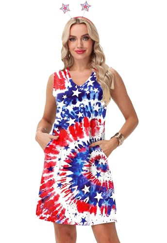 Image of Deerose Womens July 4th Sleeveless Dress American Flag Swim Cover Up Dress with Pockets