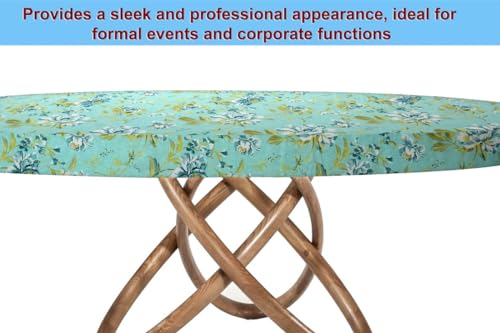 Image of The Furnishing Tree Elastic Cotton Round Dining Table Cover 36x36 in Inches Floral Golden Leaf on Blue Base