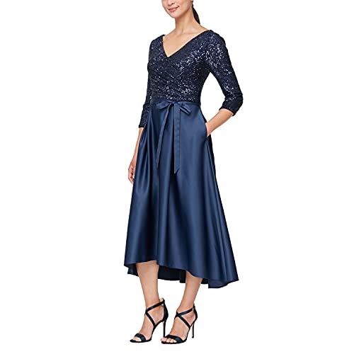 Image of Alex Evenings Women's Satin Ballgown Formal Event Dress with Pockets and Tie Belt (Petite and Regular Sizes)