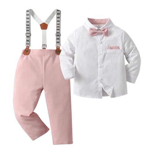Image of Boarnseorl Baby Boys Pants Sets, Infant Long Sleeve Shirt + Pants + Bow Tie + Suspenders Outfits