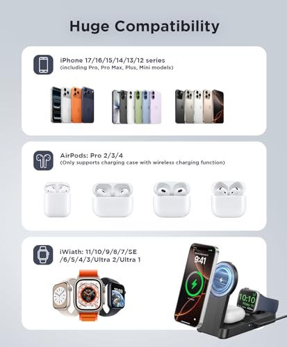 Image of 3 in 1 Magnetic Wireless for iPhone Charging Station: Foldable Portable Charger for iPhone 17-12 Pro Max & Apple Watch & AirPods, for Apple Multiple Devices Charger for Home,Office&Travel