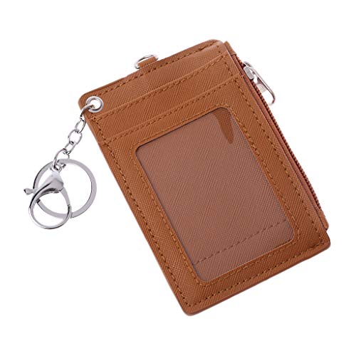 Youngy Portable Leather Business ID Card Credit Badge Holder Coin Purse Wallet Keychain - Brown