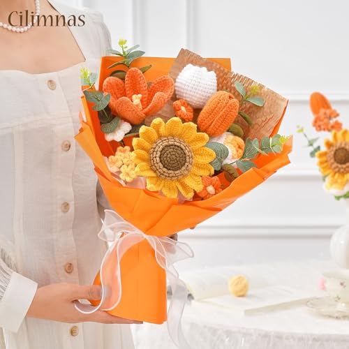 Ramo de flores de ganchillo naranja de tejer decoración hogar flores artificiales 4