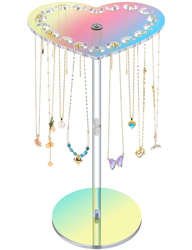 NiHome Iridescent Acrylic Rotating Necklace Holder Organizer Heart-Shaped Top Multifunctional Jewelry Storage Space-Saving Necklace Organizer Keeps Vanity Neat Adds Decorative Touch