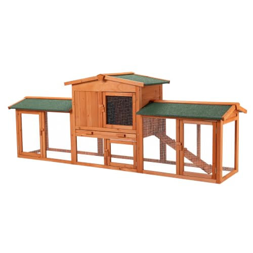 Wiltec Hasenstall 2190 x 530 x 850 mm mit Freilaufgehege und erhöhtem Unterschlupf aus Fichtenholz, Kaninchenkäfig mit 2 Etagen, Kleintierstall