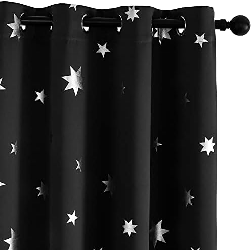 Anjee Black Blackout Curtains with Silver Star Print for Kids Room, Grommet Top Thermal Insulated Window Curtains 2 Panels W52 x L63 Inches, Black